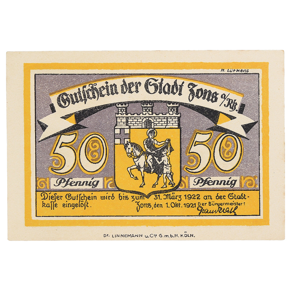 Banknote, Germany, Zons am Rhein, 50 Pfennig, Eglise, 1921, UNC(63), Mehl:1476.2