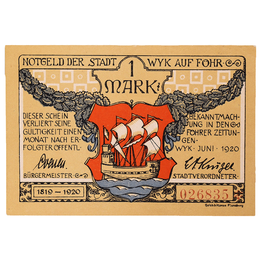 Banconote, Germania, Wyk, 1 Mark, bateau, 1920, SPL, Mehl:1462.1a