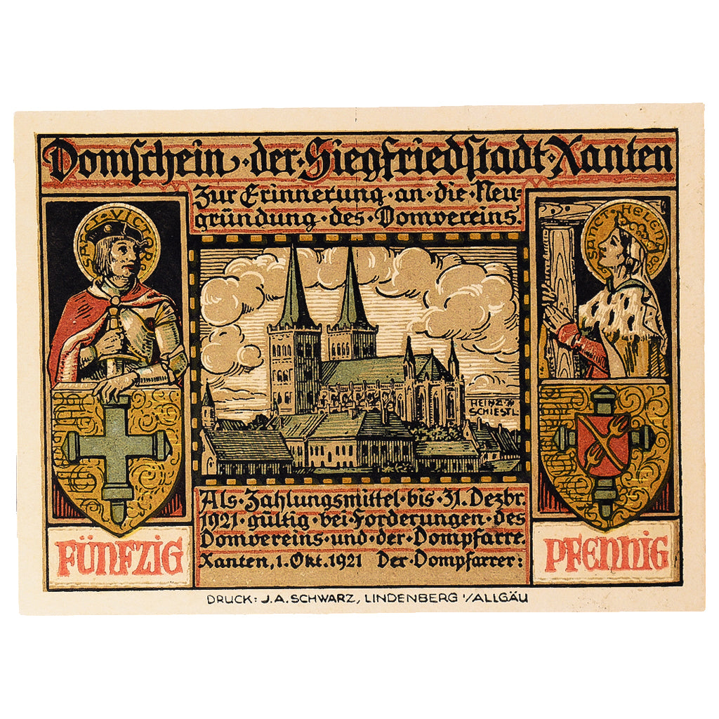 Banknot, Niemcy, Xanten, 50 Pfennig, cheval, 1921, UNC(63), Mehl:1464.1