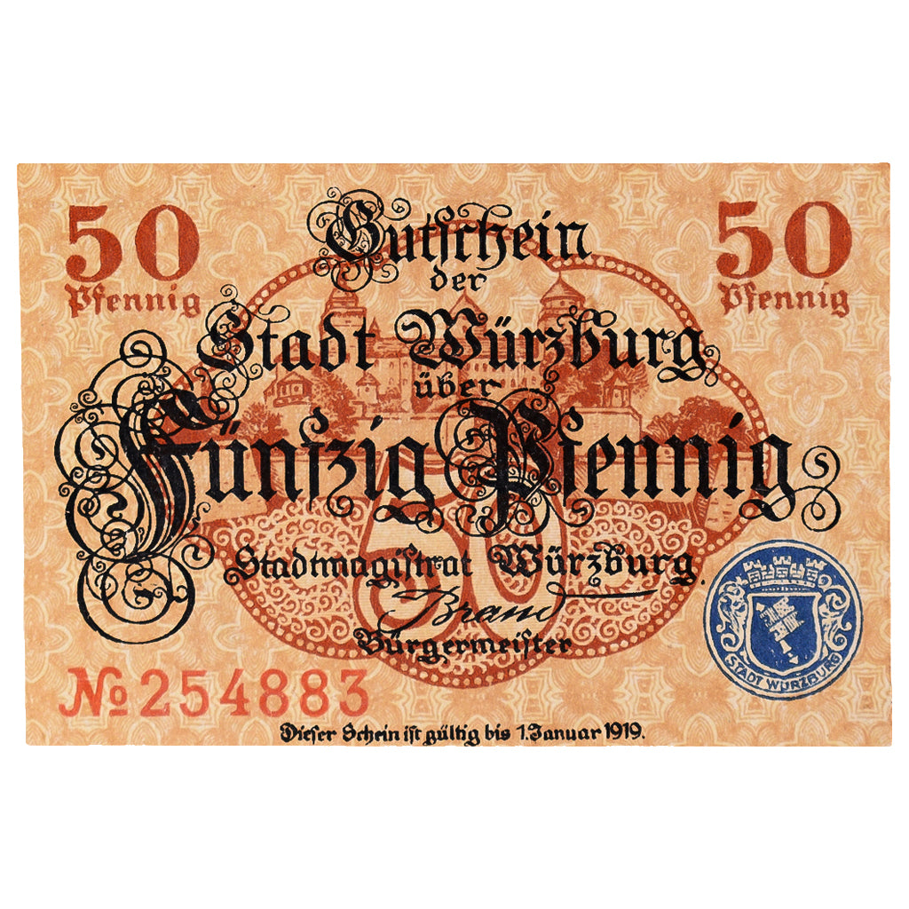 Banknot, Niemcy, Würzburg, 50 Pfennig, Blason, 1919, UNC(63), Mehl:W65.4a