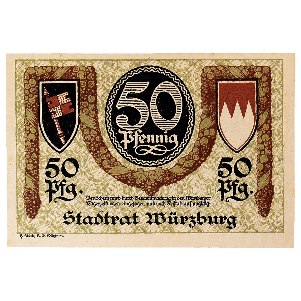 Banconote, Germania, Würzburg, 50 Pfennig, Blason, 1919, SPL, Mehl:W65.4a