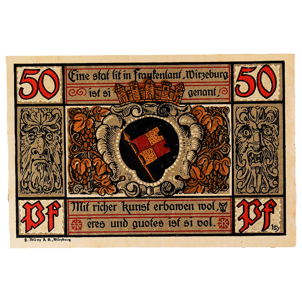 Banknote, Germany, Würzburg, 50 Pfennig, portrait, 1919, UNC(63), Mehl:W65.4a