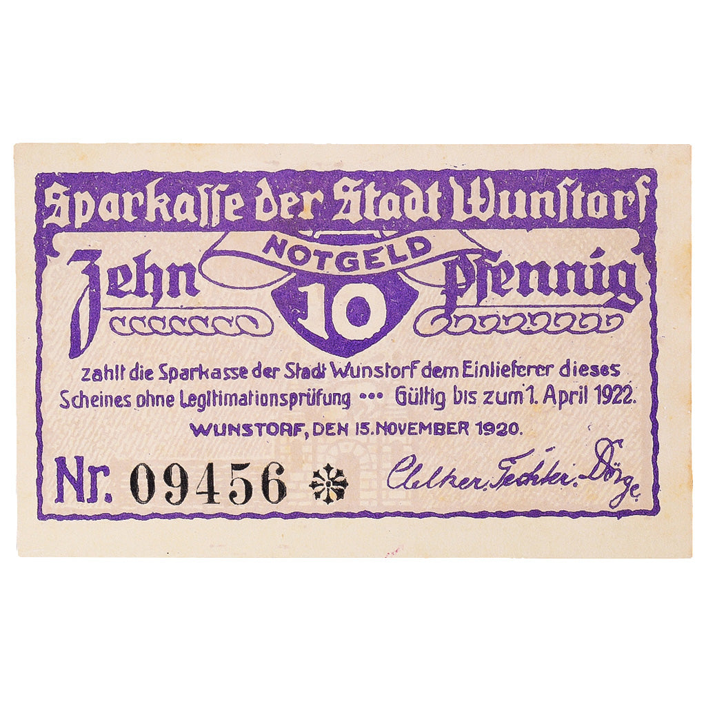 Geldschein, Deutschland, Wunstorf, 10 Pfennig, mairie 1922-04-01 VZ Mehl:1458.2a