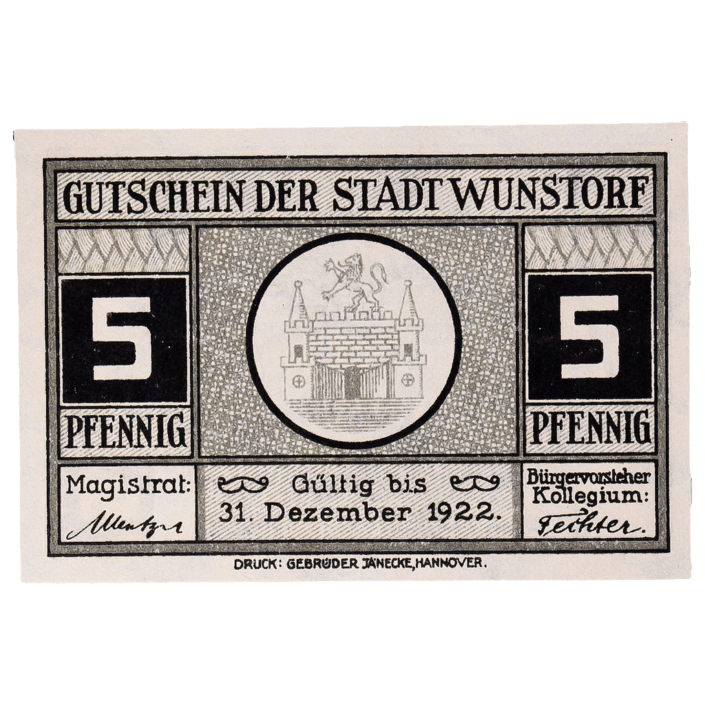 Geldschein, Deutschland, Wunstorf, 5 Pfennig, route 1922-12-31 UNZ- Mehl:1458.2a