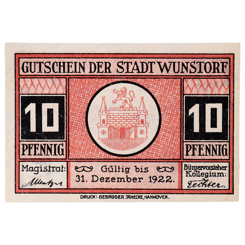 Banconote, Germania, Wunstorf, 10 Pfennig, Blason 1922-12-31, SPL Mehl:1458.2a
