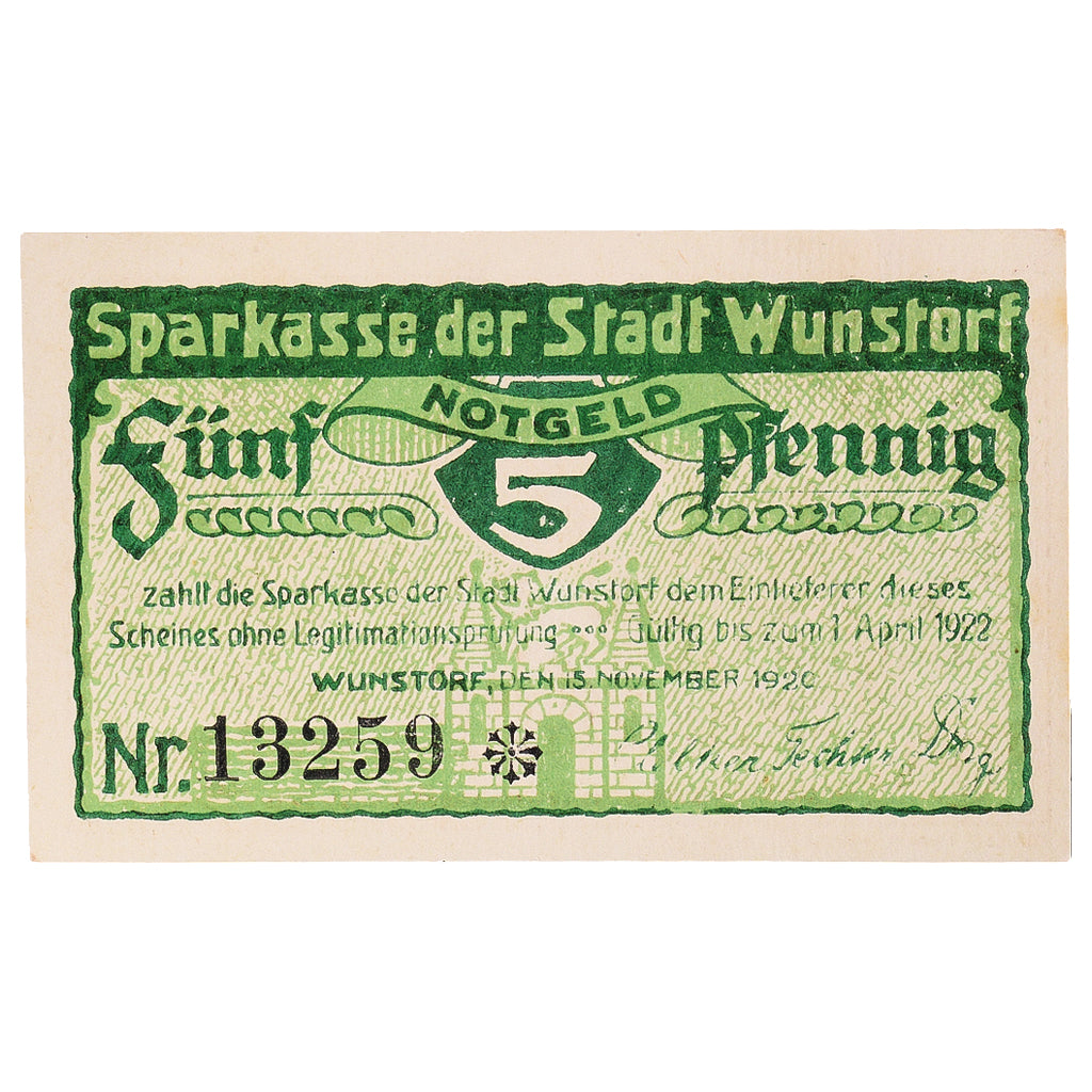 Banconote, Germania, Wunstorf, 5 Pfennig, château 1922-04-01, SPL Mehl:1458.2a