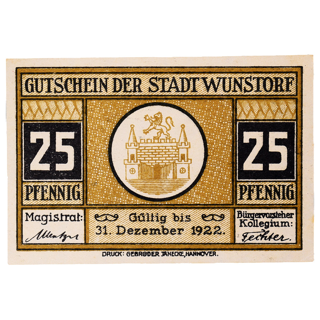 Banconote, Germania, Wunstorf, 25 Pfennig, Ville 1922-12-31, SPL Mehl:1458.2a
