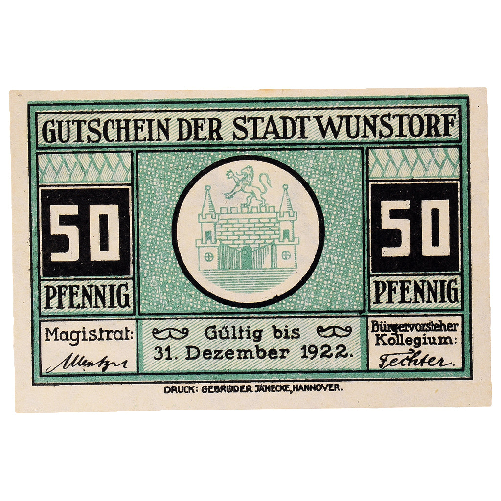 Geldschein, Deutschland, Wunstorf, 50 Pfennig, Eglise 1922 UNZ- Mehl:1458.2a