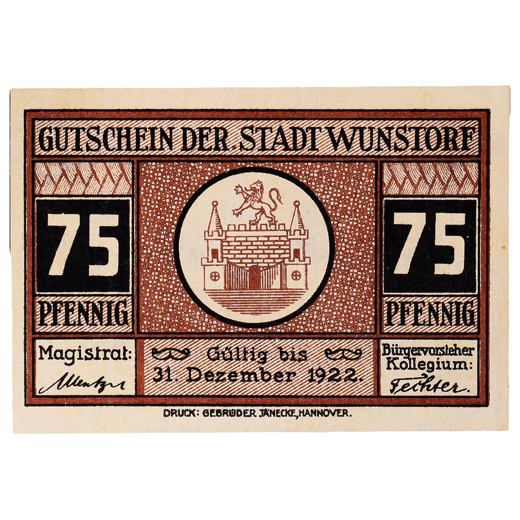 Banknot, Niemcy, Wunstorf, 75 Pfennig, mairie, 1922-12-31, UNC(63) Mehl:1458.2a