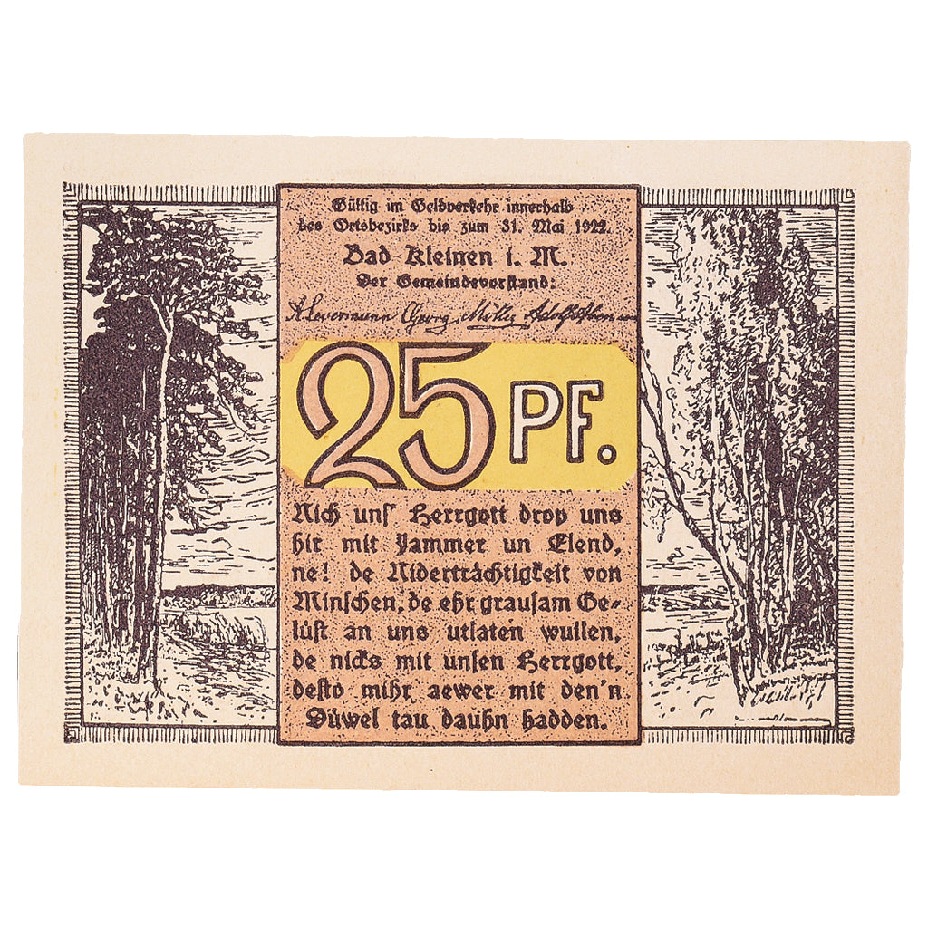 Geldschein, Deutschland, Bad Kleinen, 25 Pfennig, ferme 1922 UNZ- Mehl:705.1