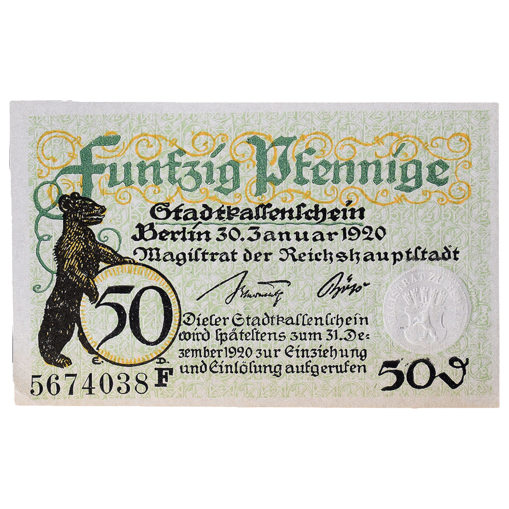 Geldschein, Deutschland, Berlin, 50 Pfennig, ours, 1920 UNZ- Mehl:B27.2b