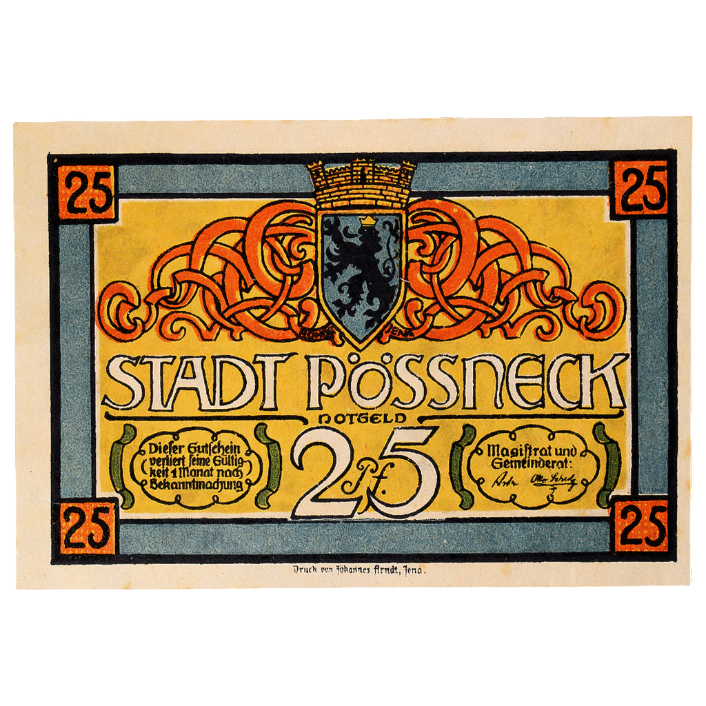 Banconote, Germania, Possneck, 25 Pfennig, Blason, 1921, SPL, Mehl:1066.1