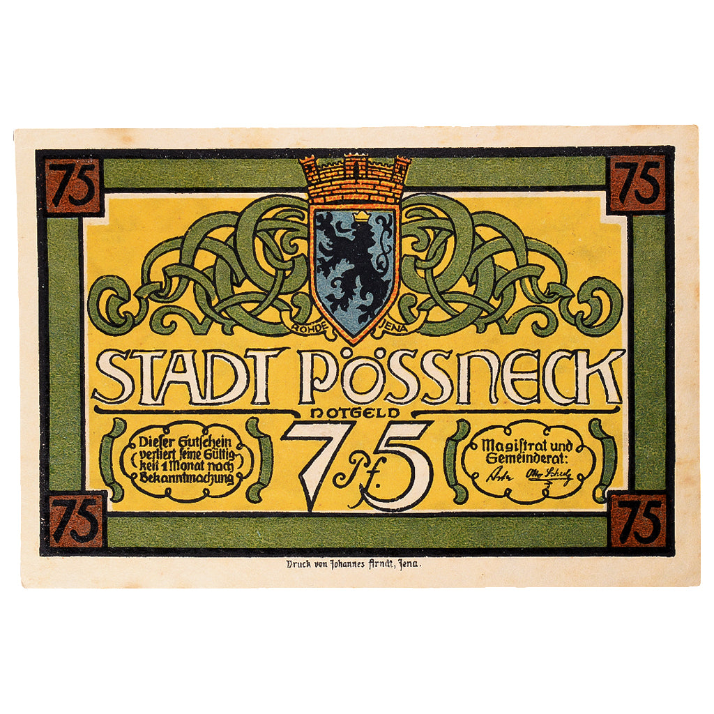 Banknot, Niemcy, Possneck, 75 Pfennig, Blason, 1921, UNC(63), Mehl:1066.1
