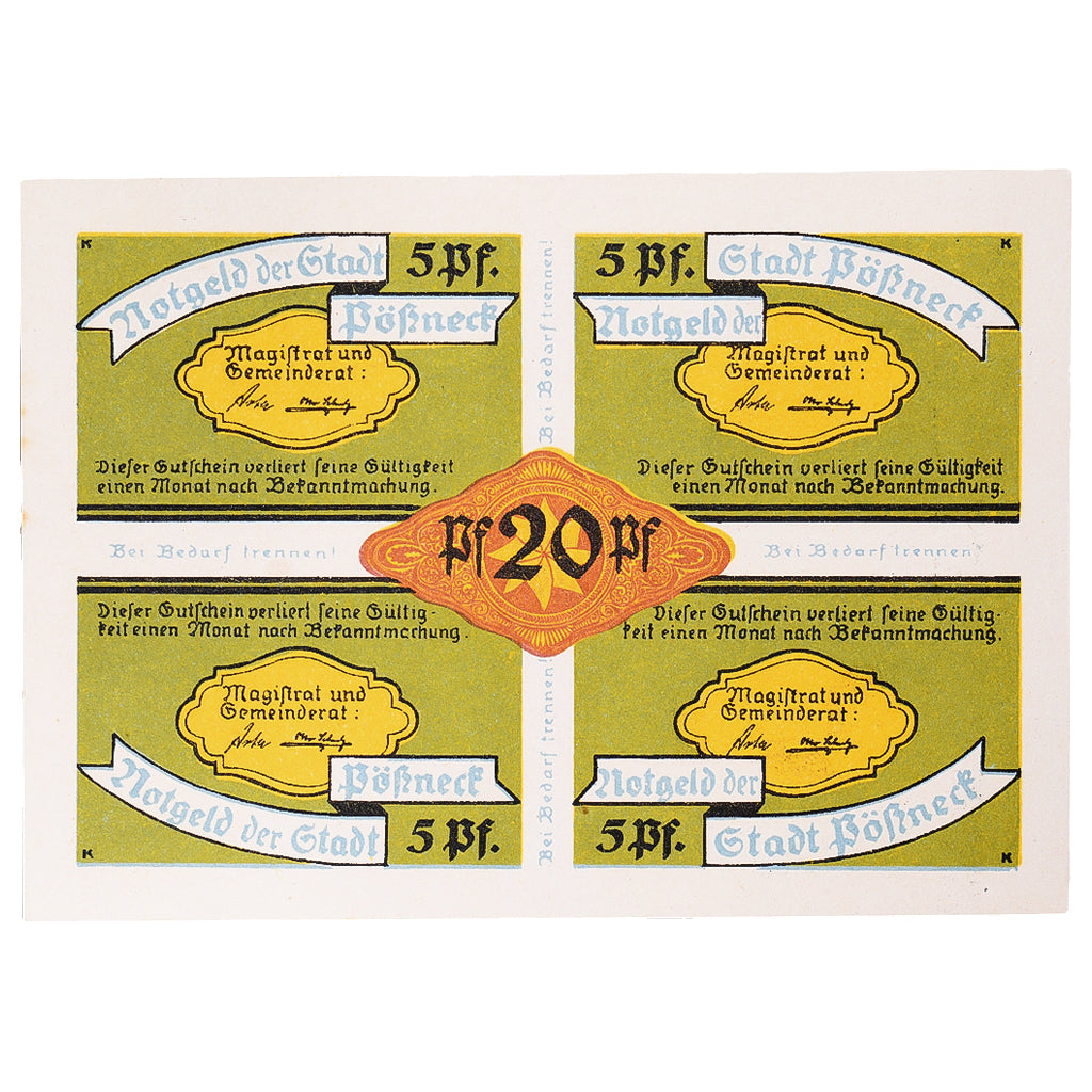 Banconote, Germania, Possneck, 20 Pfennig, dessin, 1921, SPL, Mehl:1066.6