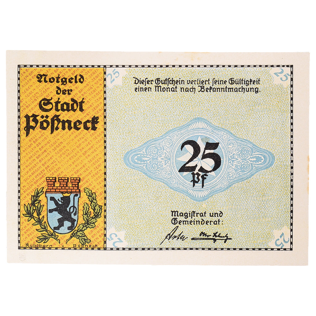 Billete, Alemania, Possneck, 25 Pfennig, ruelle, 1921, SC, Mehl:1066.6