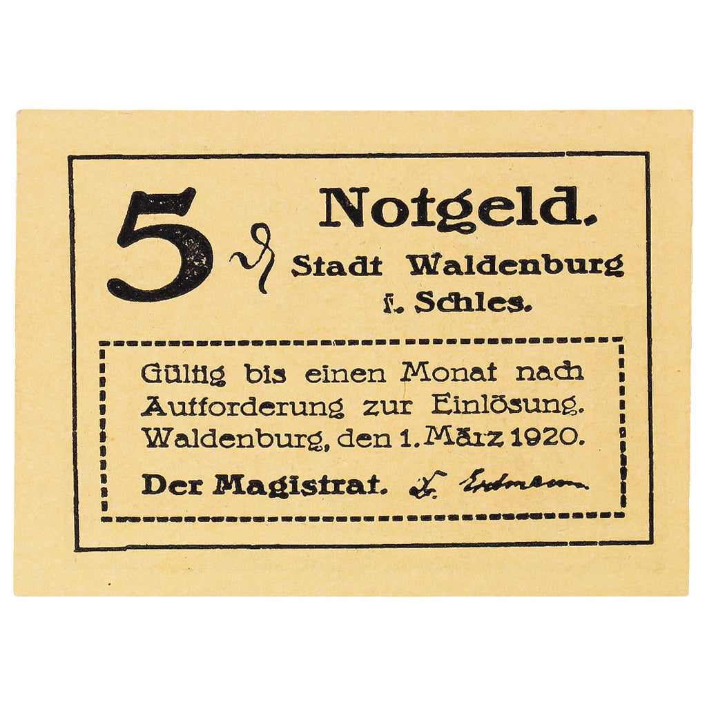 Banconote, Germania, Waldenburg, 5 Pfennig, Batiment, 1920 SPL Mehl:W3.18c