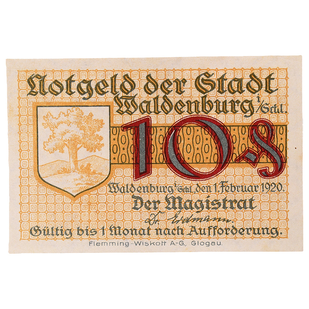Banconote, Germania, Waldenburg, 10 Pfennig, Blason 1920-02-01, SPL Mehl:W3.16a
