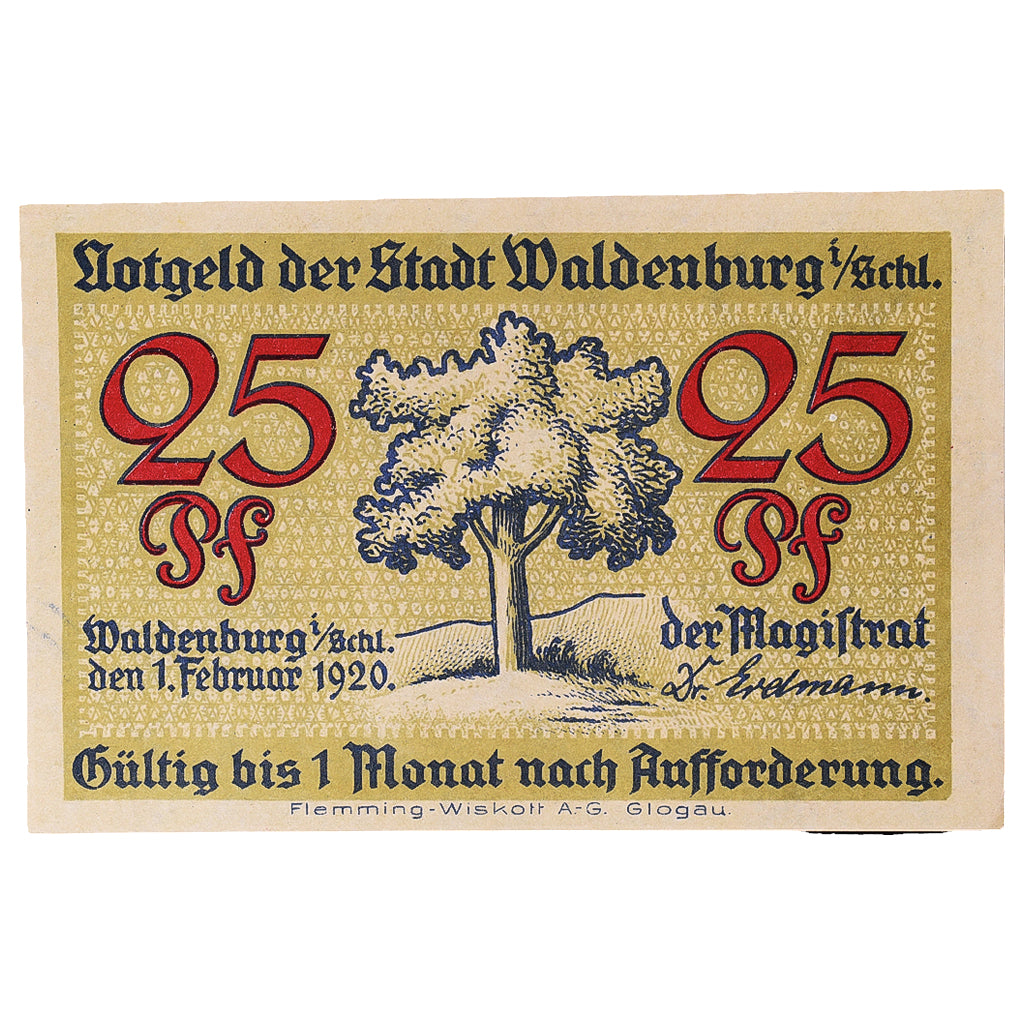 Geldschein, Deutschland, Waldenburg, 25 Pfennig, arbre, 1920 UNZ- Mehl:W3.16a
