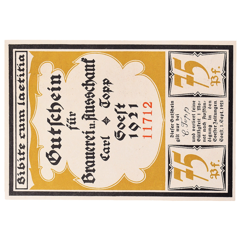 Banconote, Germania, Soest, 75 Pfennig, Taverne, 1921, SPL, Mehl:1234.1
