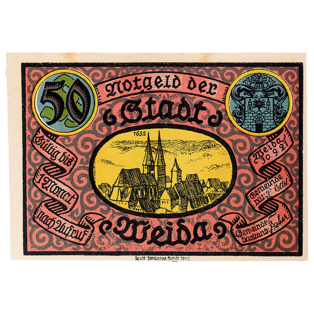 Geldschein, Deutschland, Weida, 50 Pfennig, château 1921-09-30, VZ Mehl:1391.2