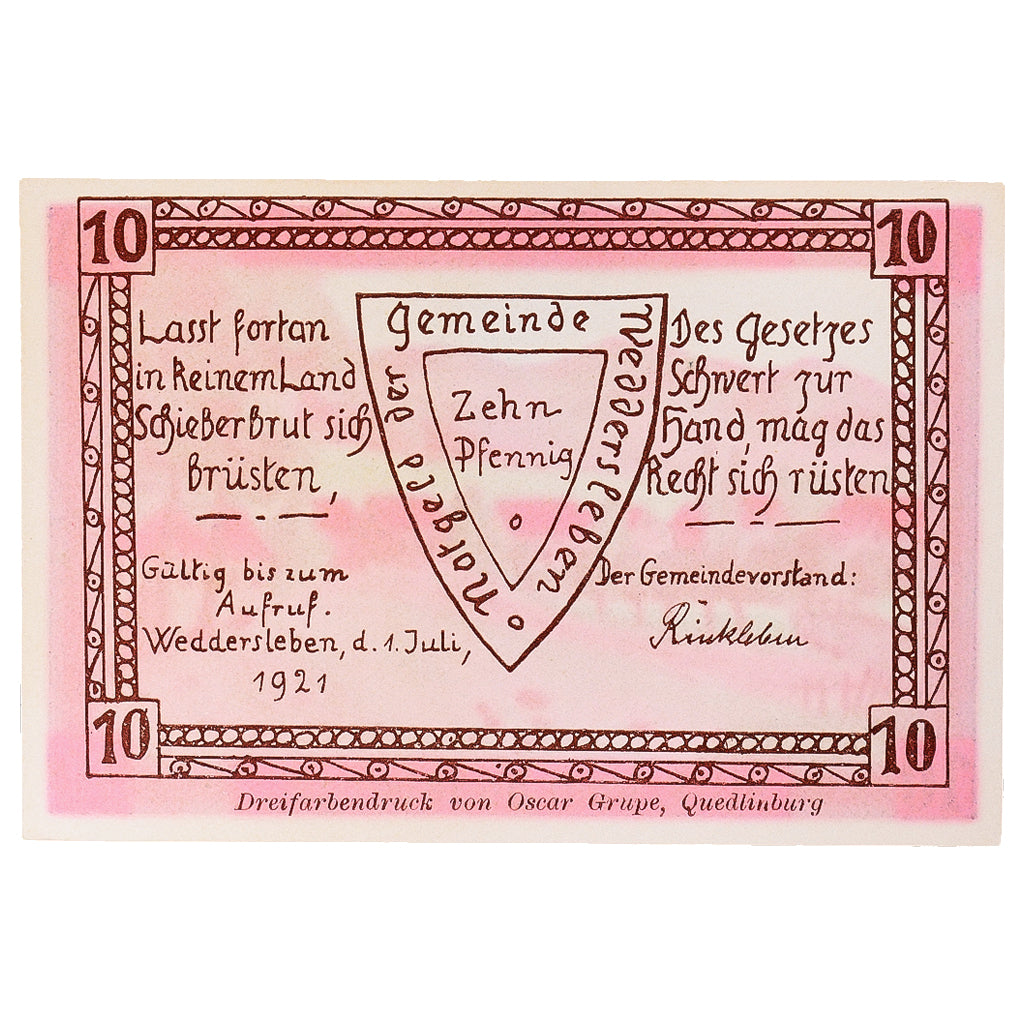 Banknot, Niemcy, Weddersleben, 10 Pfennig, paysage 1921 UNC(63) Mehl:1386.2