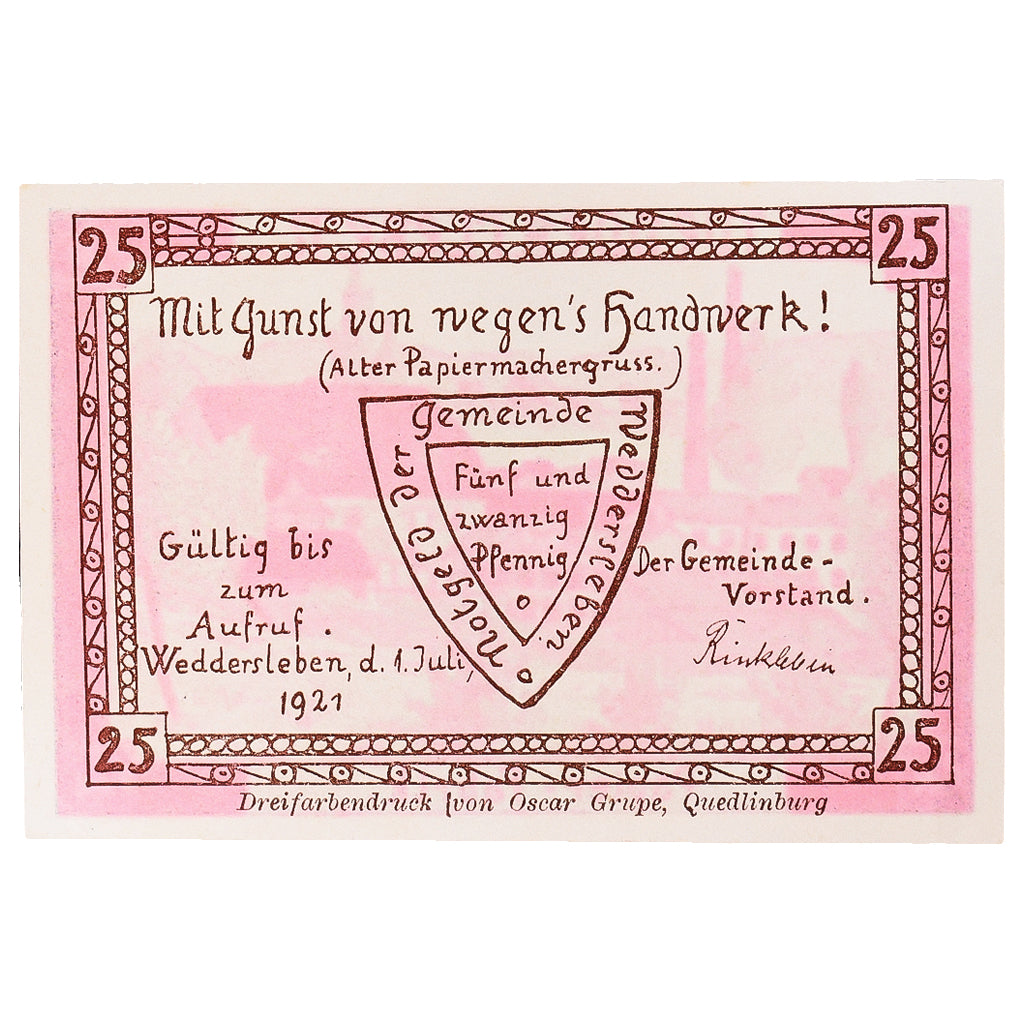 Billete, Alemania, Weddersleben, 25 Pfennig, ferme, 1921 SC Mehl:1386.2