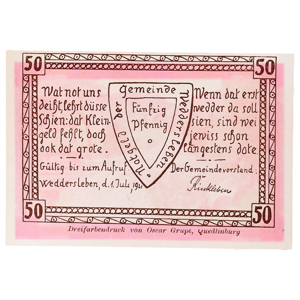 Banknot, Niemcy, Weddersleben, 50 Pfennig Rivière 1921 UNC(63) Mehl:1386.2