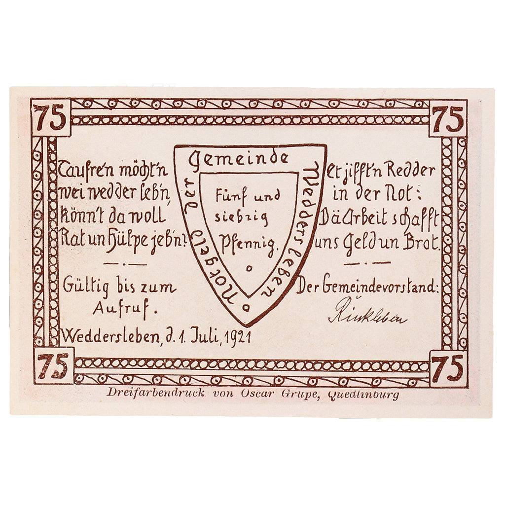 Banknot, Niemcy, Weddersleben, 75 Pfennig, paysage, 1921 UNC(63) Mehl:1386.2