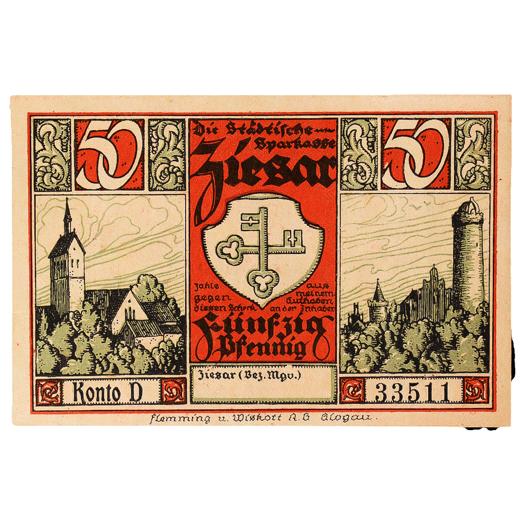 Banknot, Niemcy, Ziesar, 50 Pfennig, château, 1920, UNC(63), Mehl:1473.1