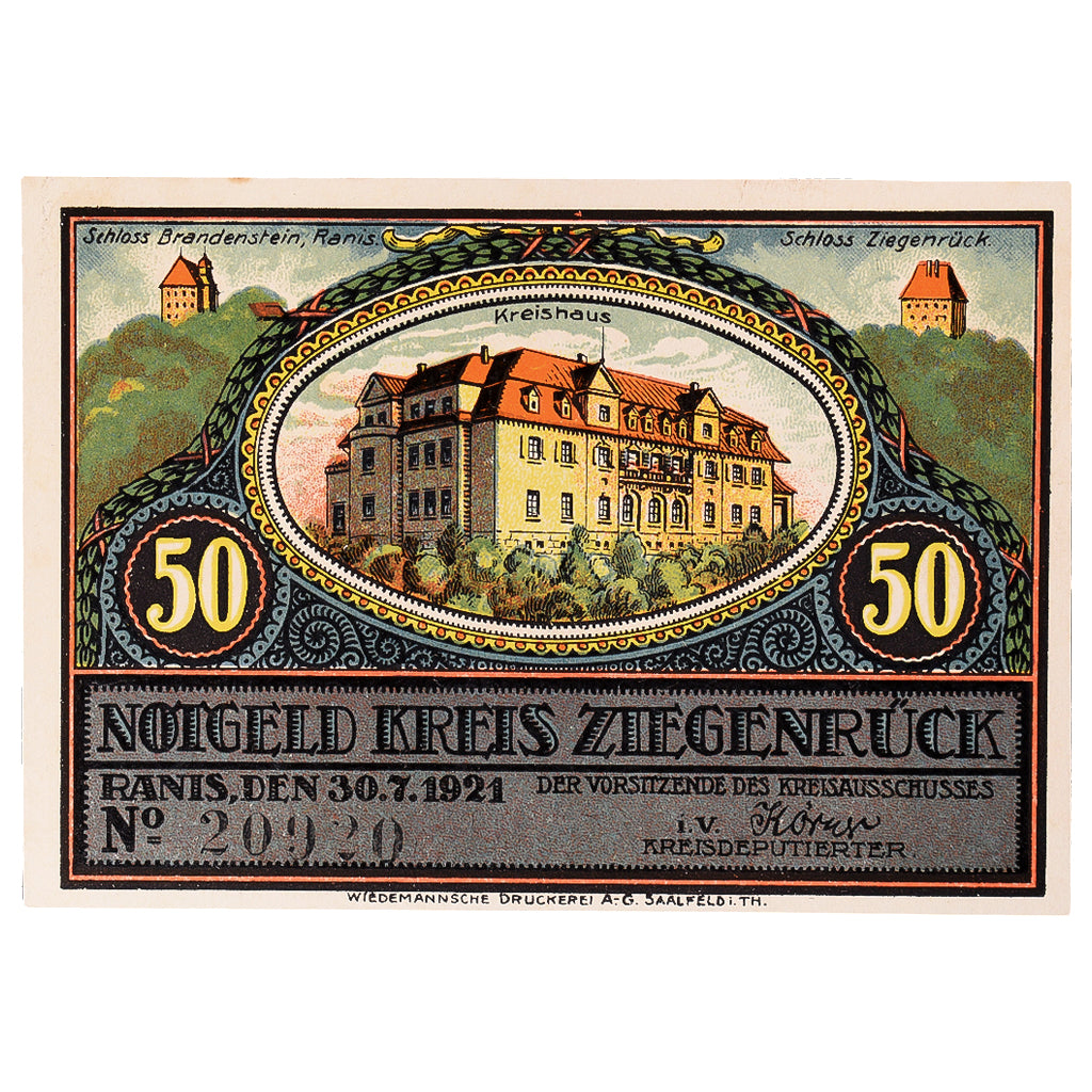 Banconote, Germania, Ziegenrück, 50 Pfennig, barrage, 1921 SPL Mehl:1471.1
