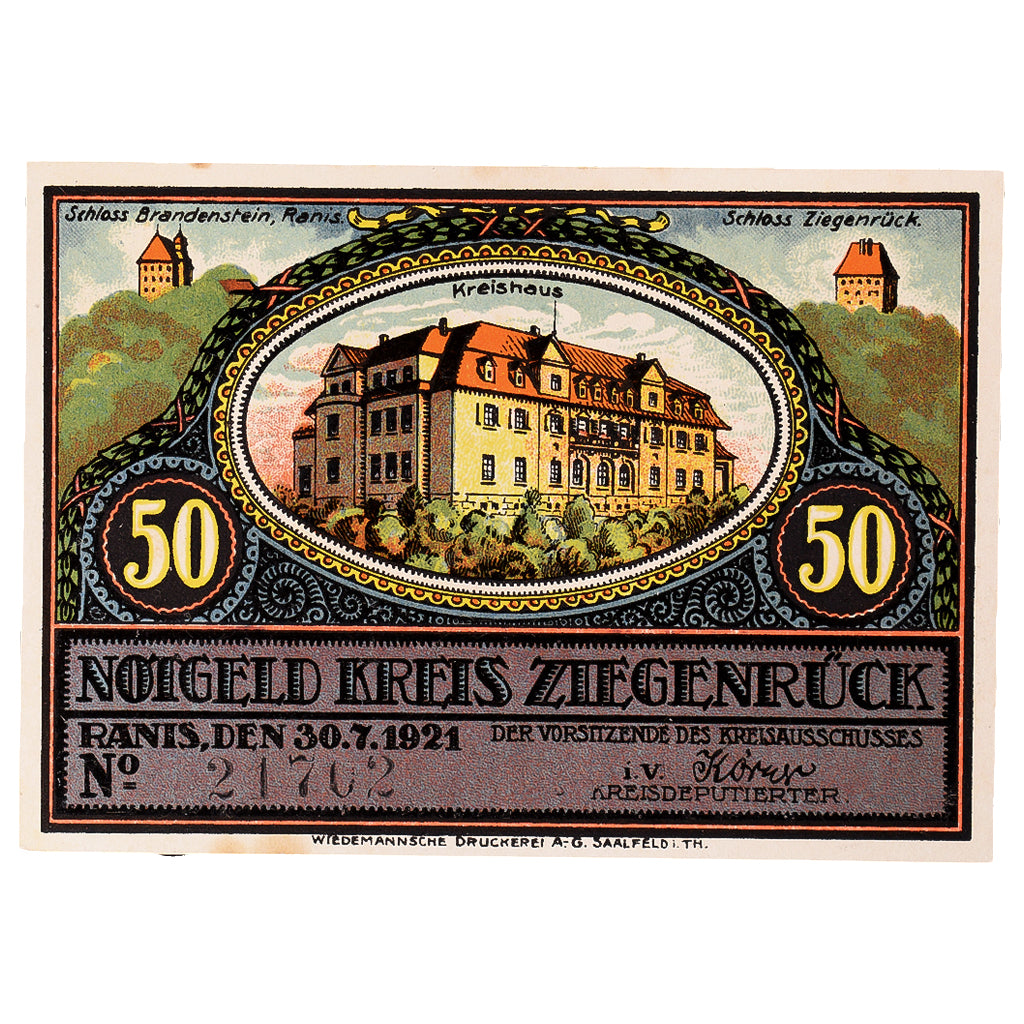 Geldschein, Deutschland, Ziegenrück, 50 Pfennig, mairie, 1921 UNZ- Mehl:1471.1
