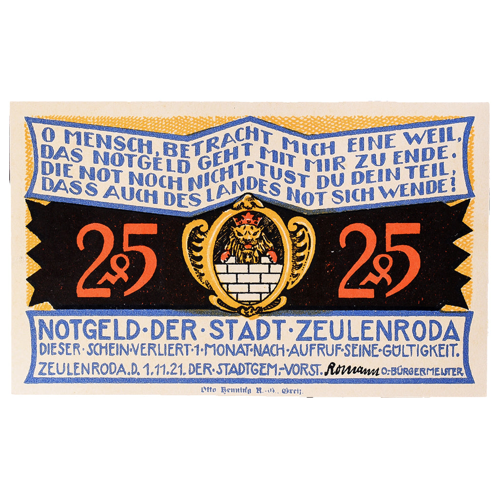 Geldschein, Deutschland, Zeulenroda, 25 Pfennig, Ville 1921 UNZ- Mehl:FS 1470.1