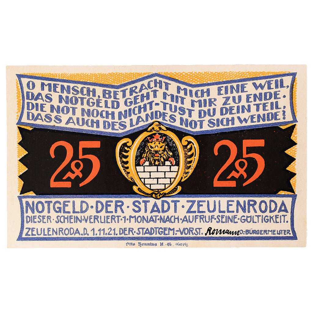 Geldschein, Deutschland, Zeulenroda, 25 Pfennig, rue 1921 UNZ- Mehl:FS 1470.1