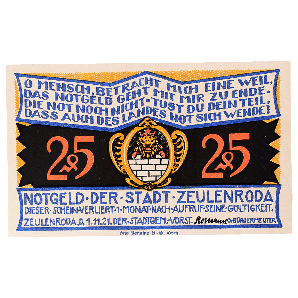 Geldschein, Deutschland, Zeulenroda, 25 Pfennig village 1921 UNZ- Mehl:FS 1470.1