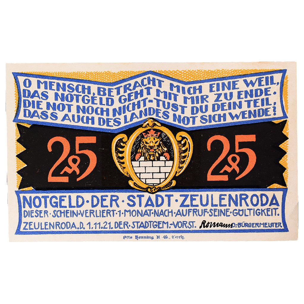 Geldschein, Deutschland, Zeulenroda, 25 Pfennig, place 1921 UNZ- Mehl:FS 1470.1