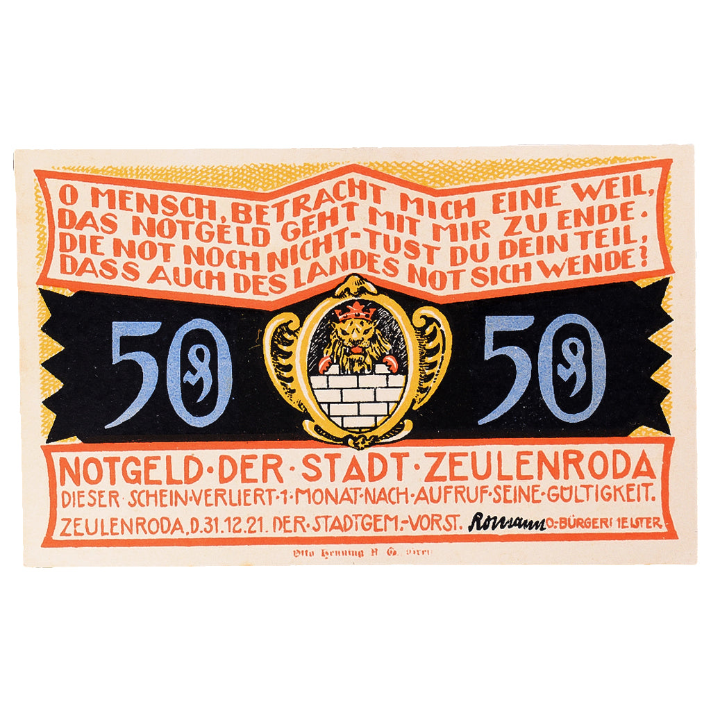 Geldschein, Deutschland, Zeulenroda, 50 Pfennig, manoir 1921 UNZ- Mehl:FS 1470.2