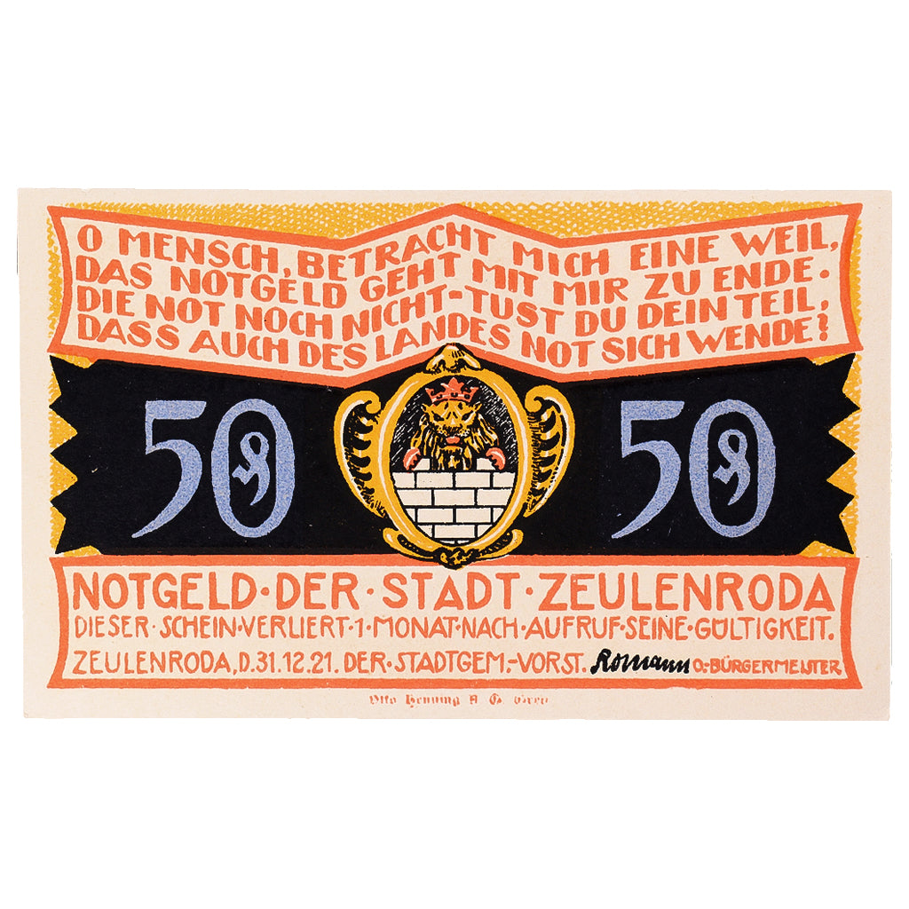Geldschein, Deutschland, Zeulenroda, 50 Pfennig, ecole, 1921 UNZ- Mehl:FS 1470.2