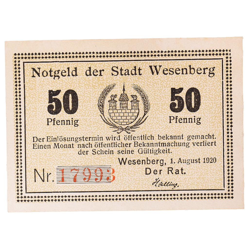 Geldschein, Deutschland, Wesenberg, 50 Pfennig, Texte, 1921, UNZ-, Mehl:1410.2