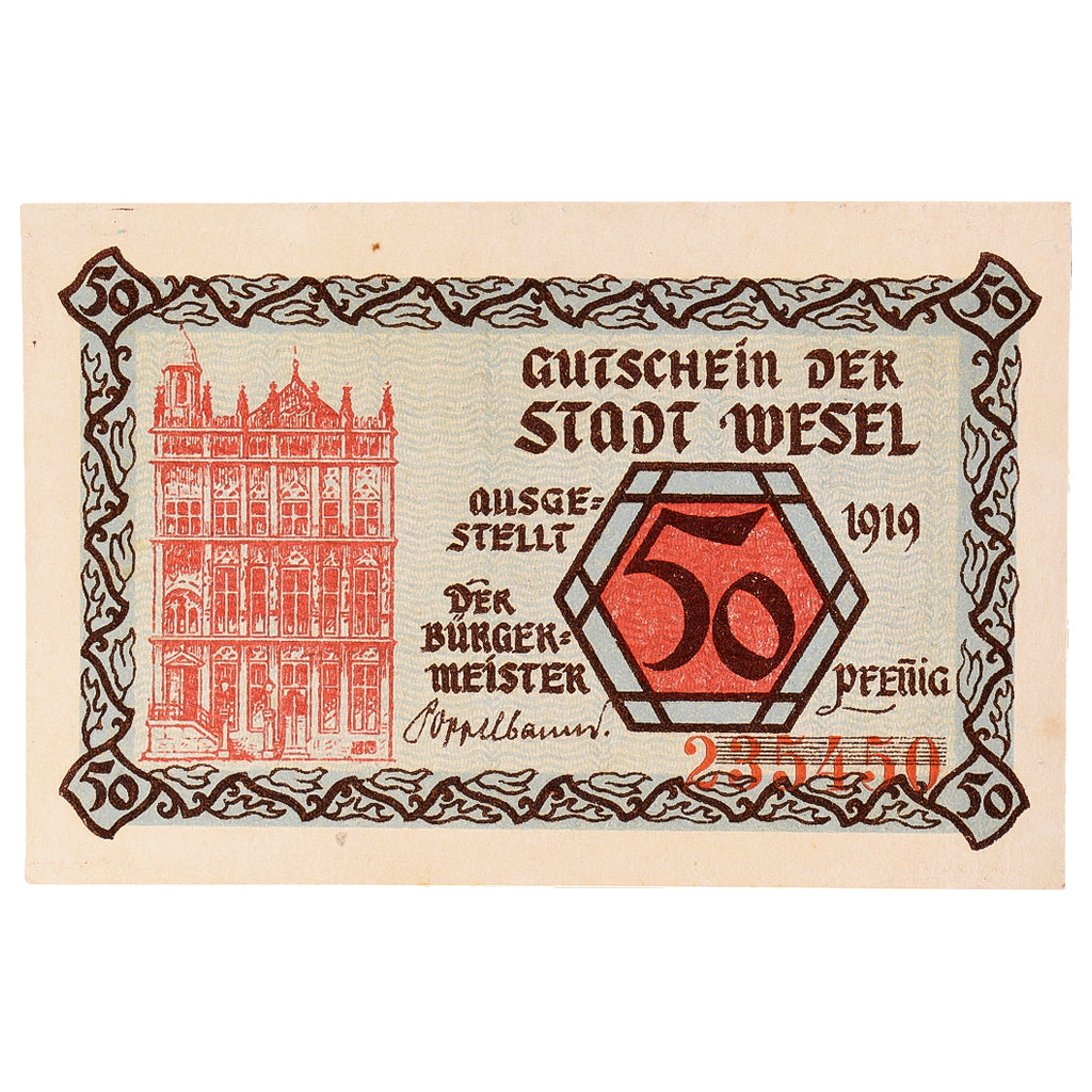 Banconote, Germania, Wesel, 50 Pfennig, Blason, 1923, SPL, Mehl:W31.4b