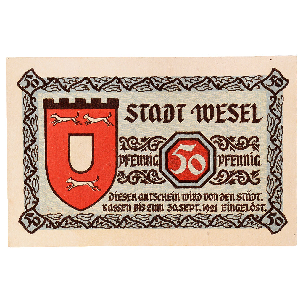Banconote, Germania, Wesel, 50 Pfennig, Blason, 1923, SPL, Mehl:W31.4b
