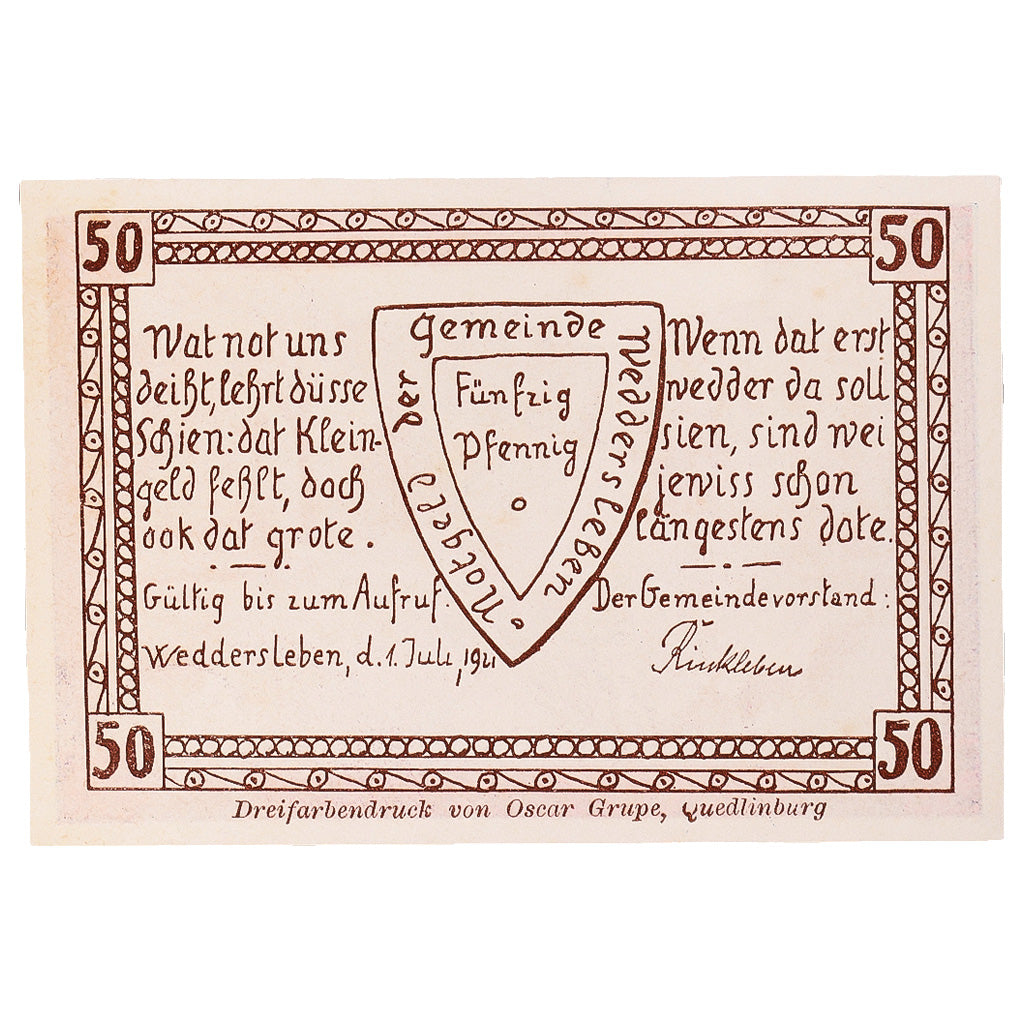 Geldschein Deutschland Weddersleben, 50 Pfennig, Rivière, 1921 UNZ- Mehl:1386.2a