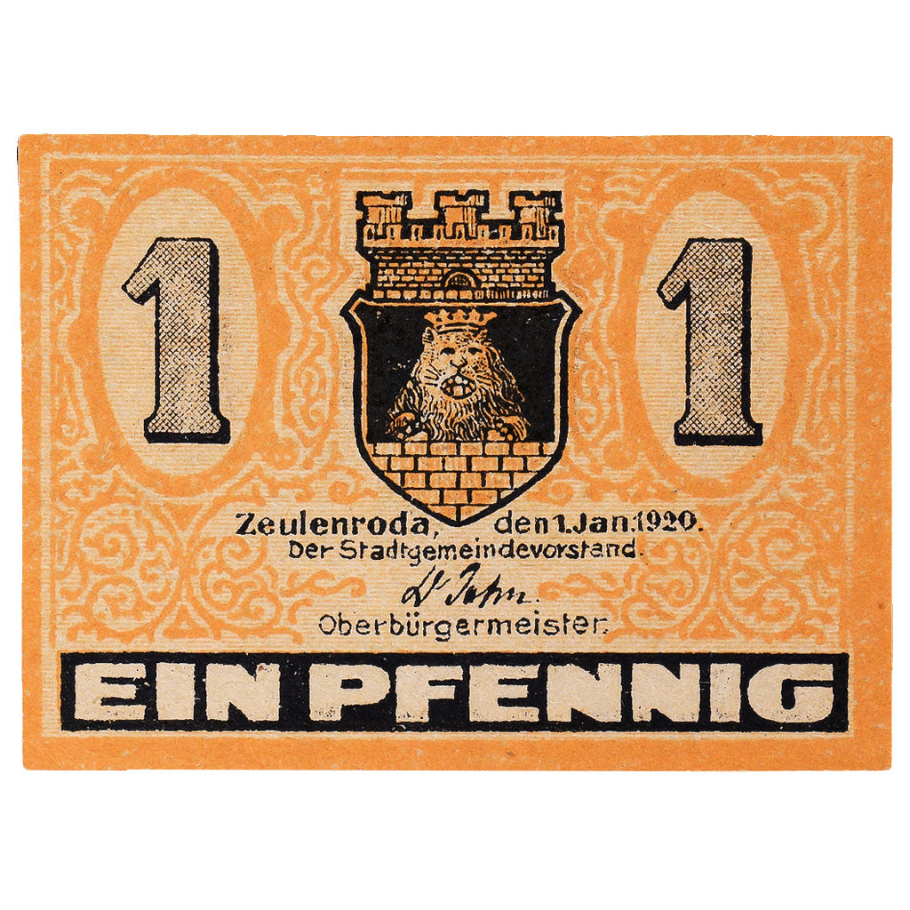 Banconote, Germania, Zeulenroda, 1 Pfennig, Blason 1920-01-01, SPL Mehl:Z8.4c
