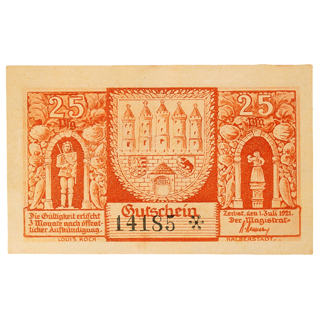 Banconote, Germania, Zerbst, 25 Pfennig, Blason 1921-07-01, SPL- Mehl:1469.2