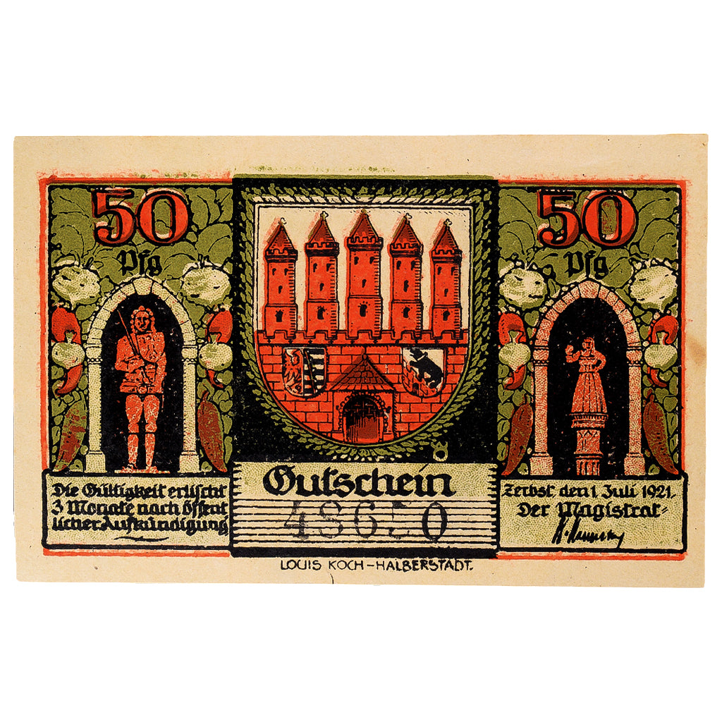 Banconote, Germania, Zerbst, 50 Pfennig, Blason 1921-07-01, SPL Mehl:1469.2a