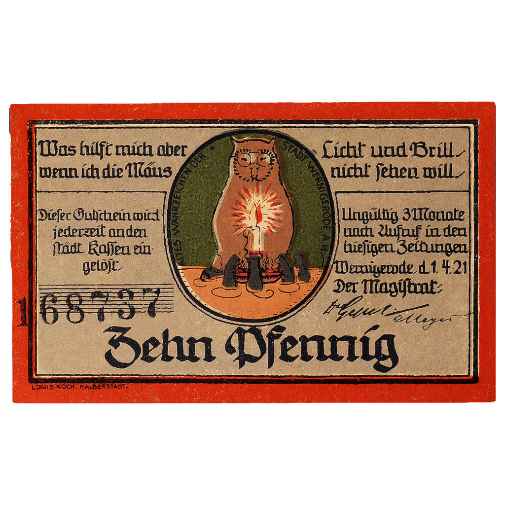 Banconote, Germania, Wernigerode, 10 Pfennig, hibou, 1921 SPL Mehl:1407.3