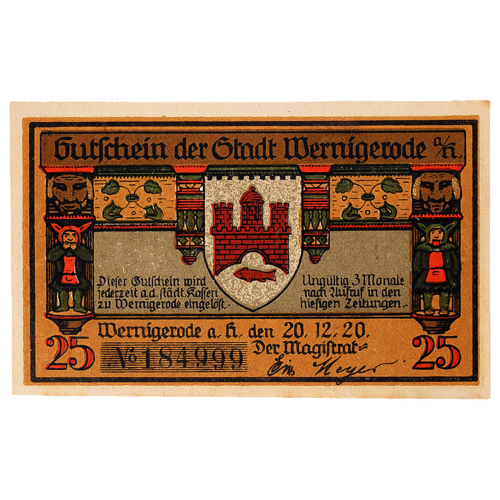 Billet, Allemagne, Wernigerode, 25 Pfennig, château 1920-12-20, SPL Mehl:1407.2