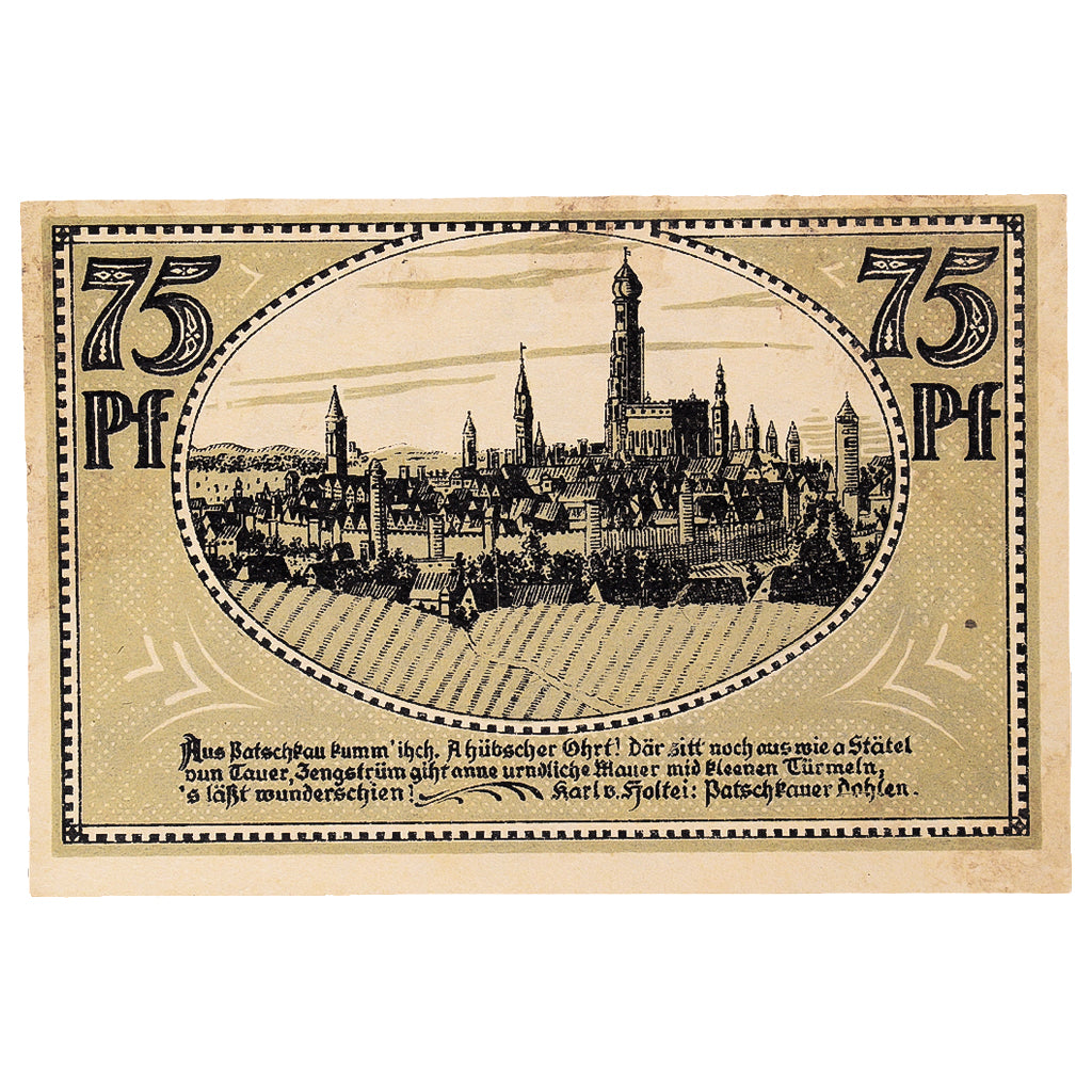 Banconote, Germania, Patschkau, 75 Pfennig, château, 1922, SPL, Mehl:1052.2