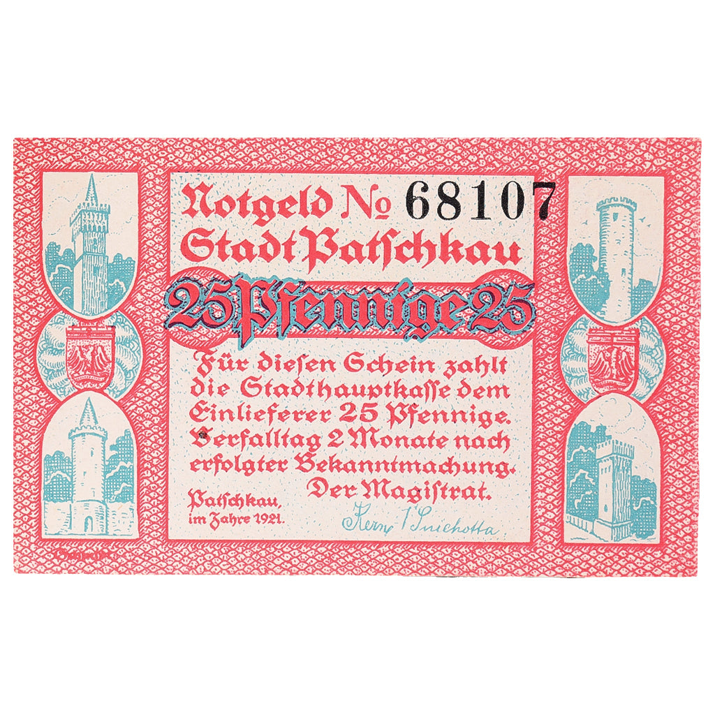 Banconote, Germania, Patschkau, 25 Pfennig, cathédrale, 1921, SPL, Mehl:1052.1