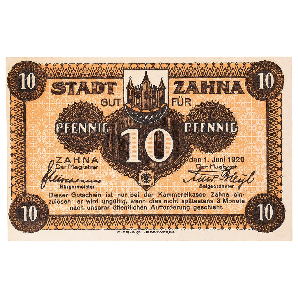 Banknot, Niemcy, Zahna, 10 Pfennig, Texte, 1920, 1920-06-01, UNC(63), Mehl:Z1.1e