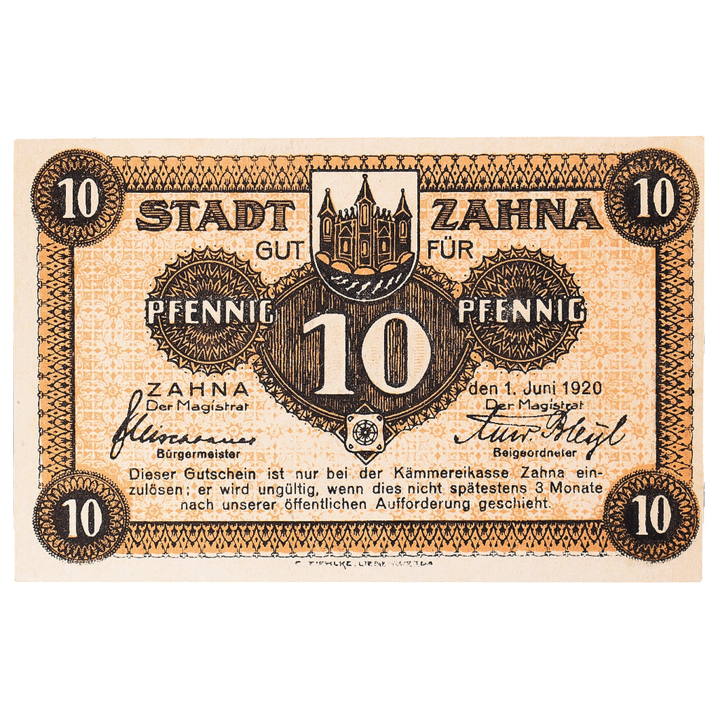 Banknot, Niemcy, Zahna, 10 Pfennig, Texte, 1920, 1920-06-01, UNC(63), Mehl:Z1.1e